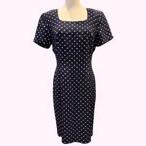 VTG 80s Spenser Jeremy 100% Silk Shoulder Pad Polkadot Navy Dress Sz 8